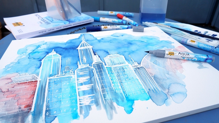 Skyline in Blautönen mit Aqua Paint Markern.