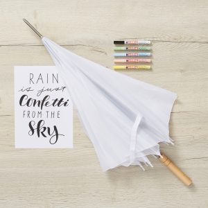 Materialfoto zeigt Regenschirm, Glanzmarker und Vorlagebogen. 