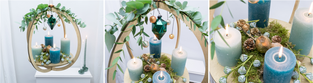 hängendes Adventskerzengesteck aus Holzringen, Holzplatte Kerzen und Deko